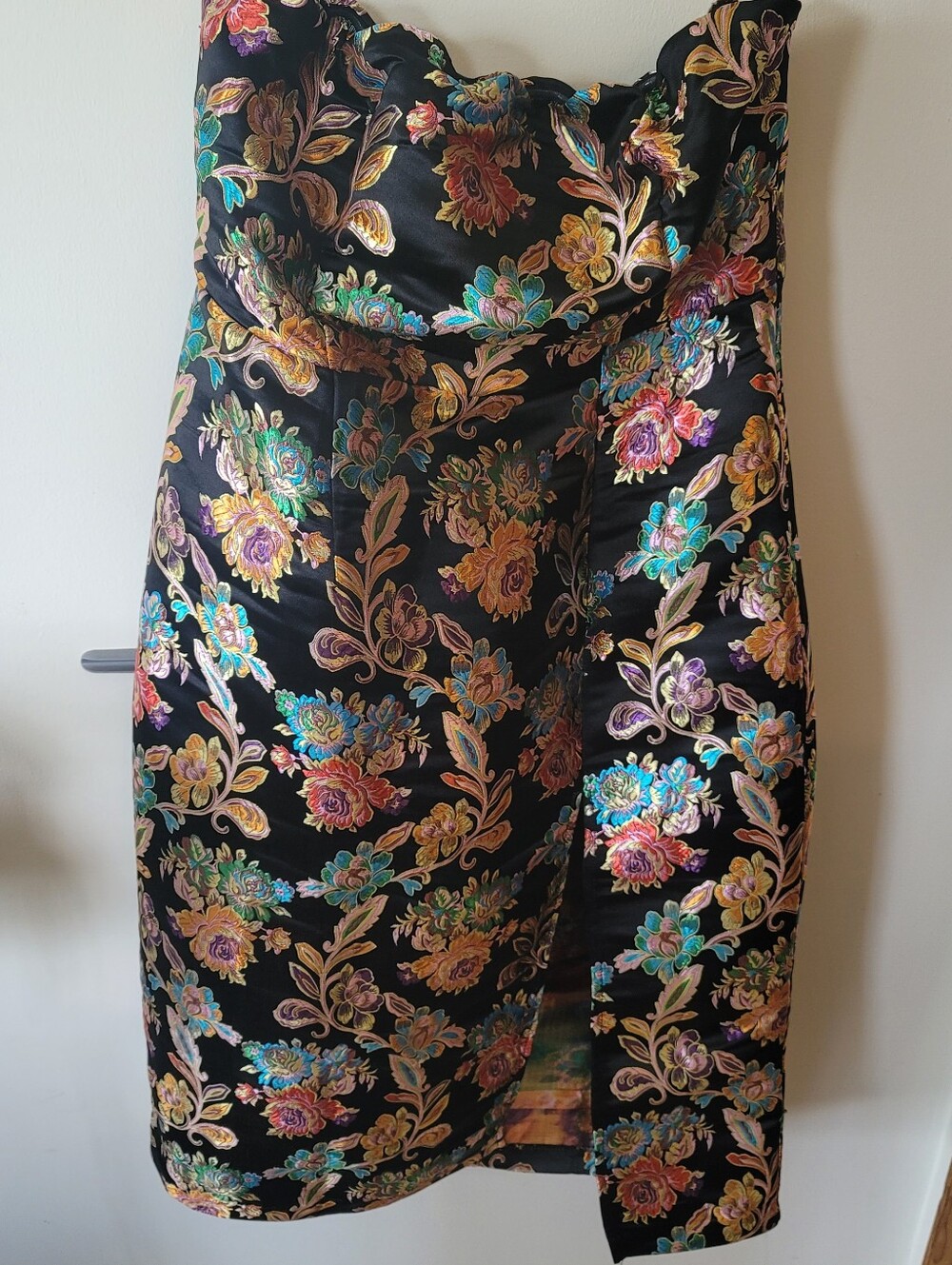 Olia Jacquard Strapless Dress — Glustening Black with Multicolor Floral NWT